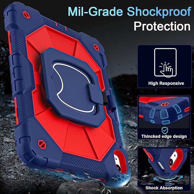 Case for iPad (A16) 11th/10th Generation 11.0/10.9 Inch with Screen Protector/360° Rotating Stand/Shoulder Strap/Pencil Holder,Military Grade Shockproof iPad Case 10th Generation,Navy Red