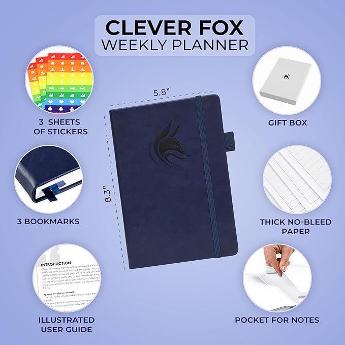 Clever Fox Planner – Undated Weekly & Monthly Planner for Productivity, Time Management & Goals – Organizer Journal – A5 (Dark Blue)