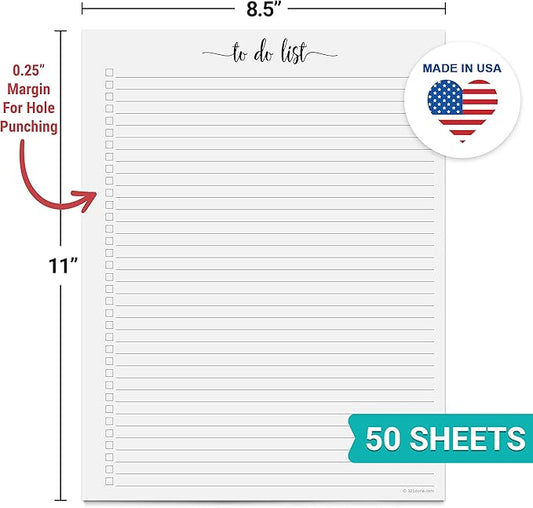 321Done To Do List Notepad for Planner Refill Pages – Made in USA - 50 Sheets (8.5x11) To-Do's Tear Off, Planning Memo Pad, Checklist Notes Left Hole Punch - Simple College-Ruled, Large Letter
