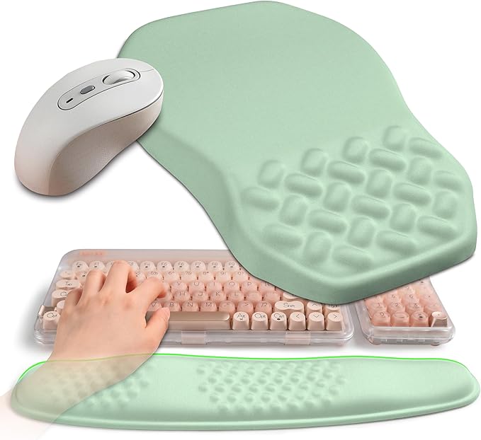 2-in-1 Ergonomic Set, Wave Keyboard Wrist Rest and Massage Slope Mouse Pad Wrist Support, Rebound Memory Foam for Relieve Carpal Tunnel Syndrome and Wrist Pain (Light Green)
