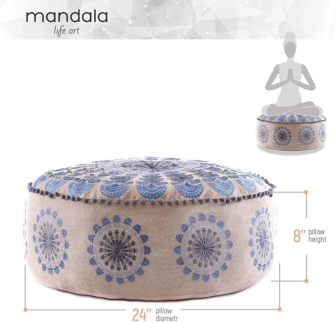 Large Round Floor Pillow Cover Blue Indian Décorative Accent Meditation Cushion Perfect for Living Room, Bedroom, Nursary or Children Room Seating Area Stool Footstool Pouf Ottoman 24x8 Unstuffed