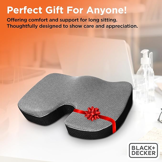 BLACK+DECKER Quilted Knit Memory Foam Seat Cushion U Seat Cushion for Office Chair, Car, Wheelchair & Airplane – Ergonomic, Pain Relief, Non-Slip Backing, Washable Cover, Grey/Black