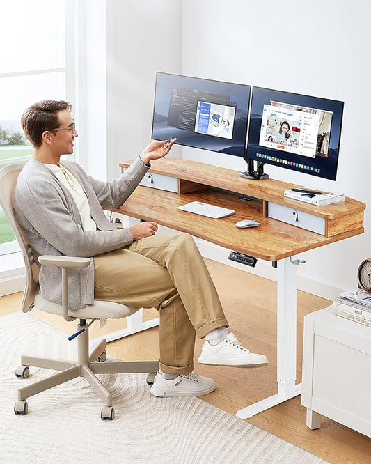 HUANUO 60″ x 30″ Electric Standing Desk with 2 Drawers, C-Clamp Mount Compatible, Height Adjustable, Home Office Stand Up Computer Desk with 4 Preset Heights & 2 Hooks, Light Vintage