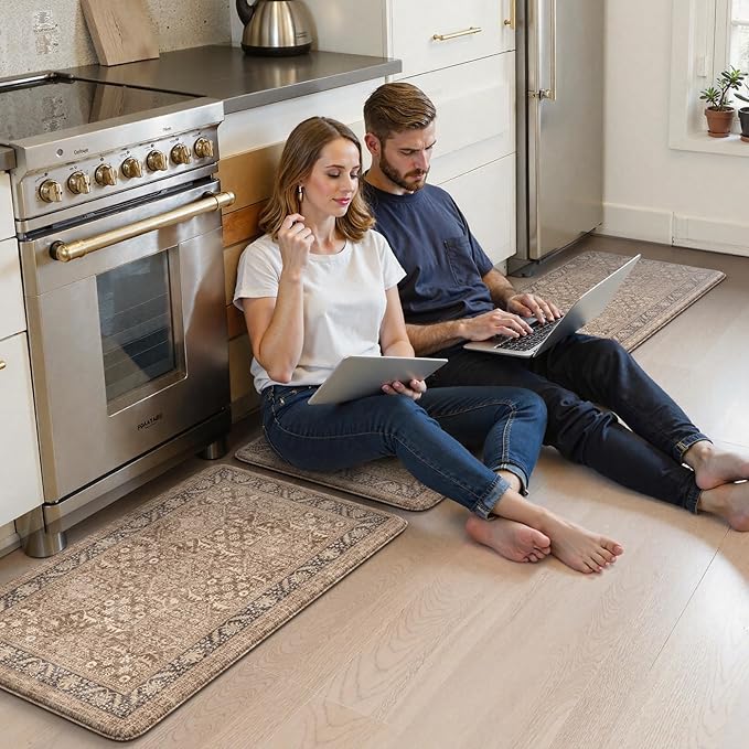 KIMODE Anti Fatigue Kitchen Mat 20"x59"+20"x32", Boho Distressed Kitchen Rugs Sets of 2, Kitchen Mats for Floor Cushioned Non Slip, Comfort Kitchen Floor Mats for Sink, Laundry, Desk Brown