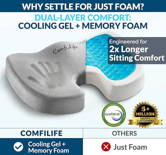 ComfiLife Gel Enhanced Seat Cushion – Office Chair Cushion – Non-Slip Gel & Memory Foam Coccyx Cushion for Tailbone Pain - Desk Chair Car Seat Cushions Driving - Sciatica & Back Pain Relief (Gray)
