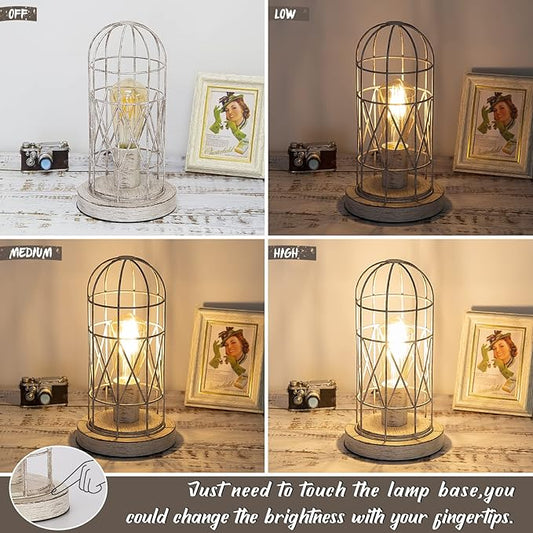 Small Table Lamp, Touch Control Table Lamp with Brushed White Oak Cage, Farmhouse Bedside Lamp 3-Way Dimmable Nightstand Lamp Edison Lamp for Bedroom, Living Room, Hallway, Kitchen, LED Bulb Included