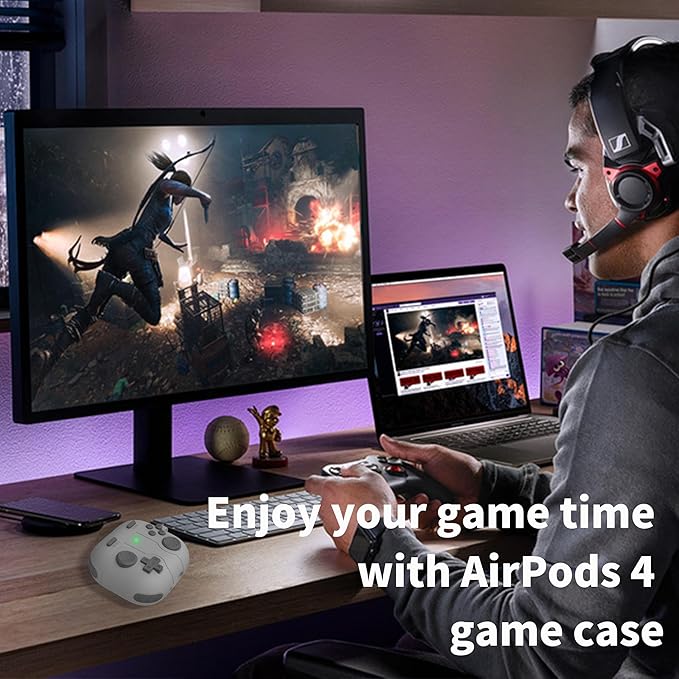 DamonLight Game Case for AirPods 4 Cover Shock-Proof Protective Silicone Case with Cleaning Pen and Keychain Accessories for Apple Airpods 4th Generation (Gray)