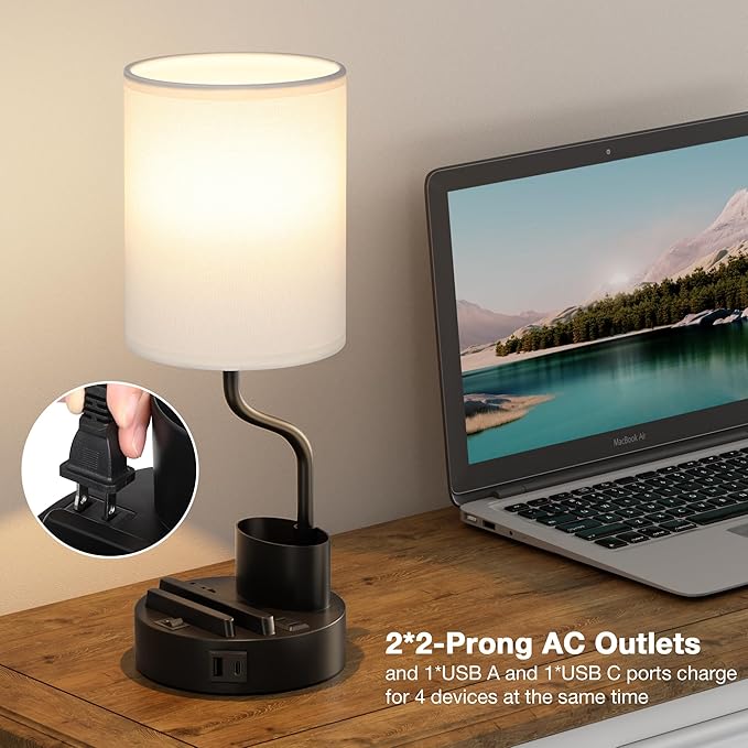 White Bedside Table Lamps for Bedroom Set of 2 - Nightstand Light with AC Outlet and USB A & C for Charging, 3 Color Temperatures Desk Lamp with Pen Holder & Phone Stand for Living Room/Dorm/Office