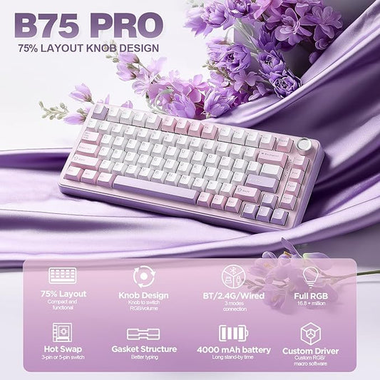 YUNZII B75 PRO Wireless Mechanical Keyboard,75% Layout with Knob,Hot Swap Gasket Custom Structure,Creamy Pre-lubed Switches,RGB Backlit,Bluetooth/Type-C/2.4G for Win/Mac(Cocoa Cream V2 Switch,Purple)