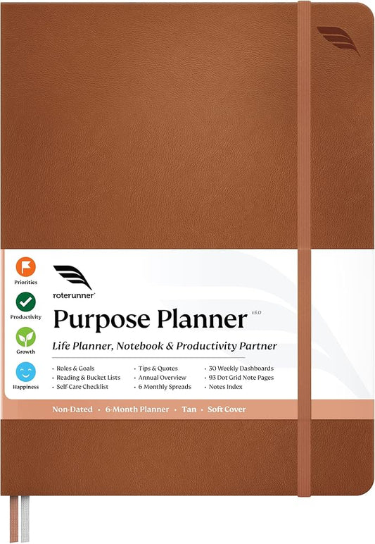 Roterunner 2025 B5 Purpose Planner Notebook 7.5'x9.8' Undated Daily Weekly Monthly Productivity Goal Setting Tool for Work Home ADHD Planner Adults Self Care Journal