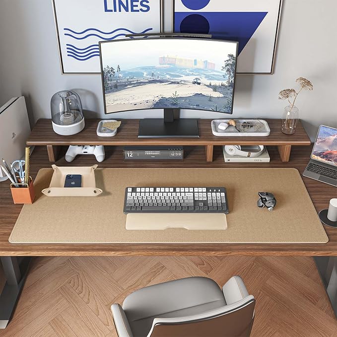 DAWNTREES Dual Sided Desk Mat,Leather Desk Pad,40"x16",Cork Desk Mat Protector,with PU Leather Valet Tray Organizer,Large Mouse Pad,Desk Writing Pad for Office and Home(Khaki)