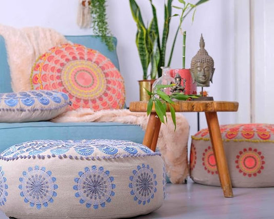 Large Round Floor Pillow Cover Blue Indian Décorative Accent Meditation Cushion Perfect for Living Room, Bedroom, Nursary or Children Room Seating Area Stool Footstool Pouf Ottoman 24x8 Unstuffed