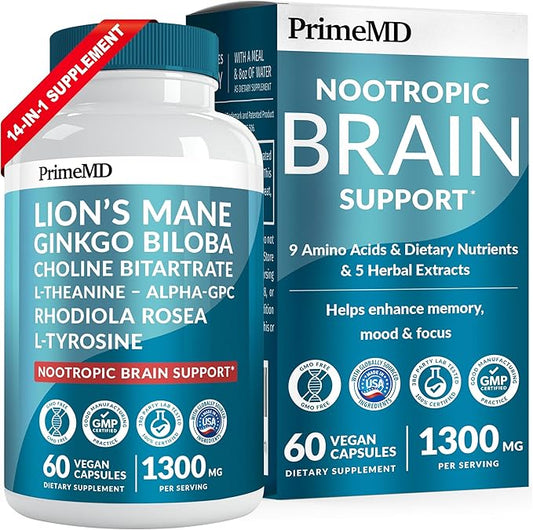 14-in-1 Lions Mane Supplement Capsules - Nootropic Brain Supplement with Ginkgo Biloba for Brain Support, Memory and Focus - Alpha GPC, L Theanine & Choline Supplements with 1300mg Per Serving (60 ct)