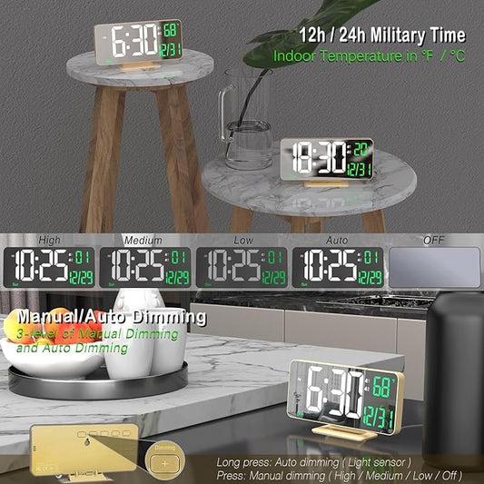 KOSUMOSU Desk Clock for Bedroom Accessories 6.7in Gold Digital Alarm Clock with Dimming,12/24h, Date, Day of Week, Temp, LED Clock, Modern Digital Calendar Clocks for Living Room Essentials
