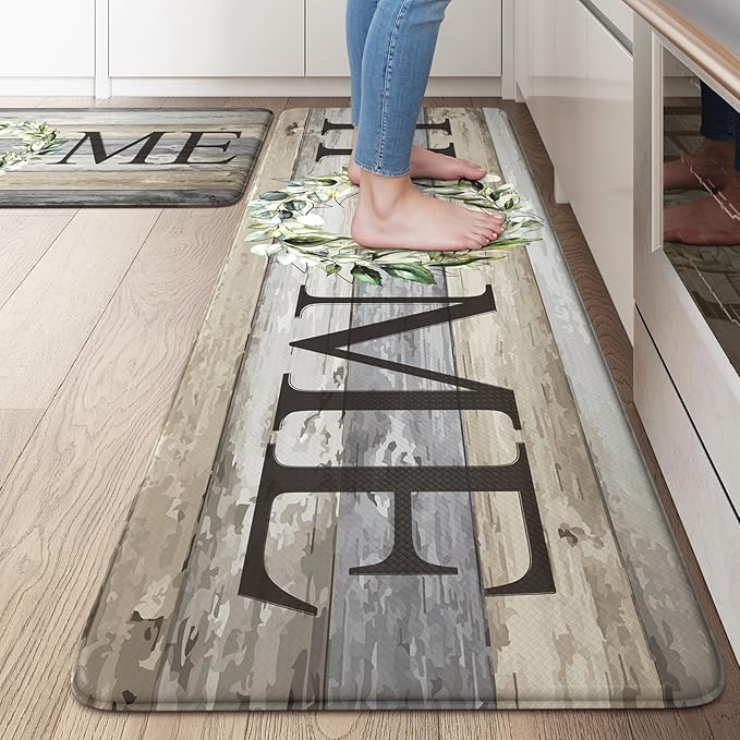 KIMODE Anti Fatigue Mats for Kitchen Floor,Farmhouse Rugs Sets of 2,Cushioned Carpet Non Slip for Laundry,Wide Memory Foam Runner for Sink Office,Grey 20"x47"+20"x32"