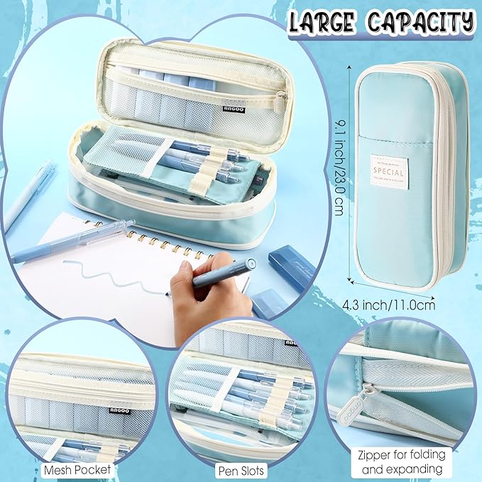 Janlaugh 38 Pcs Aesthetic College School Supplies with Pen Case Sticky Notes Gel Pens Highlighters Correction Tapes Back to School Stationery Kit(Light Blue Color,Classic)