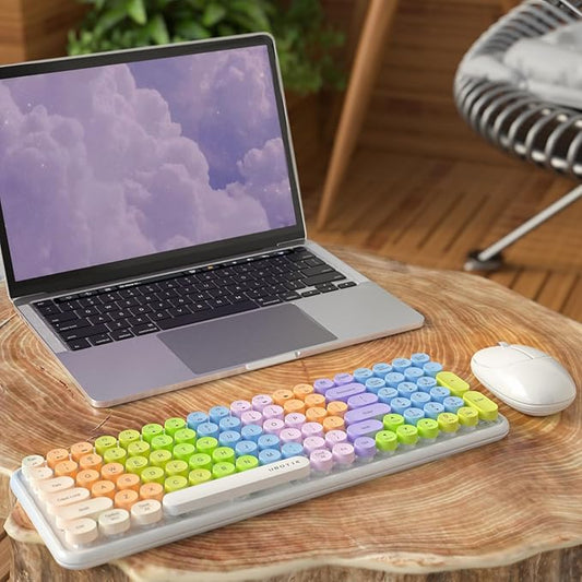 Wireless Keyboards and Mouse Combos, UBOTIE Colorful Gradient Rainbow Colored Retro Typewriter Flexible Keyboard, 2.4GHz Connection and Optical Mouse(White Colorful)
