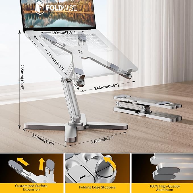 FoldWise X Premium Laptop Stand for Desk - 100% Aluminum, Portable & 360° Rotating - Adjustable Height & Angles Laptop Riser - Sturdy & Foldable MacBook Stand Compatible with All 11-18” Devices