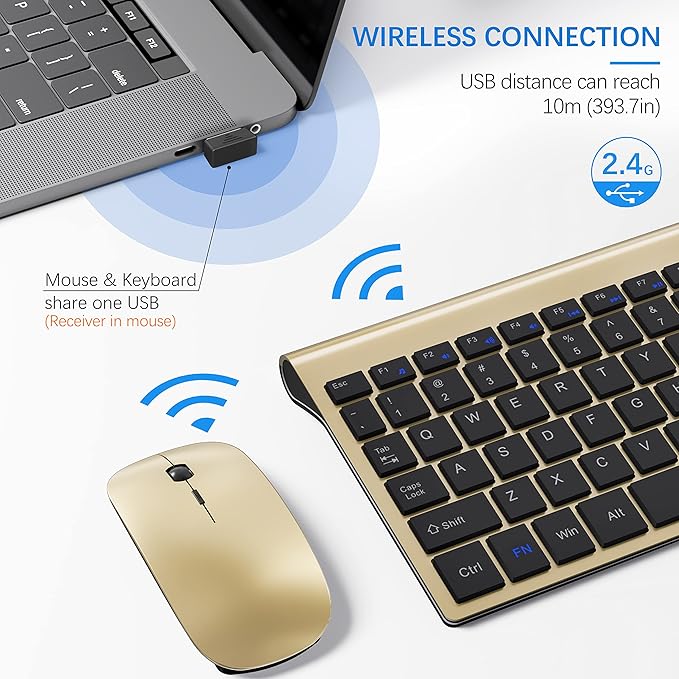 Wireless Keyboard and Mouse Ultra Slim Combo, TopMate 2.4G Silent Compact USB 2400DPI Mouse and Scissor Switch Keyboard Set with Cover, 2 AA and 2 AAA Batteries, for PC/Laptop/Windows/Mac - Gold Black