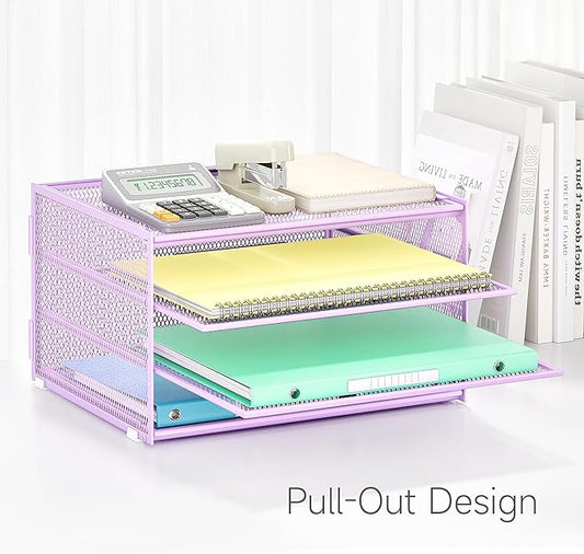 Lavatino 3-Tier Letter Tray Desk Organizer β Purple Mesh Metal Paper File Tray Organizer for Desk, Office Supplies & Home Organization | Fits A4/Letter Paper, Mail, Magazines and Office Accessories