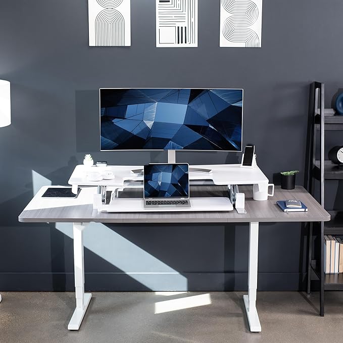 VIVO 48 inch Height Adjustable Large Stand Up Desk Converter, V Series, Quick Sit to Stand Tabletop Dual Monitor Riser Workstation, White, DESK-V048VW