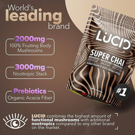 Lucid Superfood Organic Mushroom Chai with Nootropics - Lion's Mane, Tremella, Cordyceps & Turkey Tail - Instant Mushroom Chai Focus Brain Health - Alpha GPC, L-Theanine, Ginko Biloba - USA Made