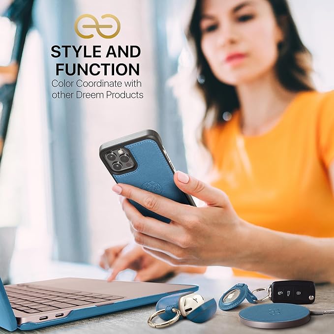 Dreem Om Case Cover with Keychain Clip Compatible with AirPods 4 for Apple AirPods 4th Generation, Vegan Leather AirPod Case for Men & Women, Luxury Earbuds Accessory for iPhone - Sky Slate