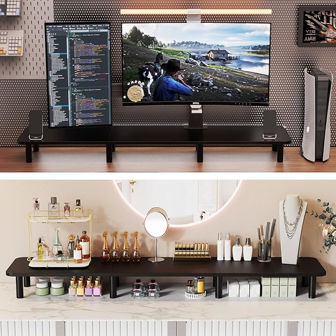 43.7" Extra Long Dual Monitor Stand Riser, Wood & Steel Monitor Stand for 2 Monitors, Wide TV Stand, Desktop Riser for Desk Organization, Home Office,Laptop,Printer,TV (Black)