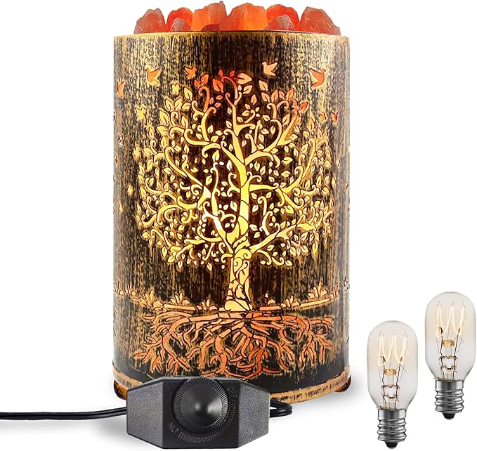 Salt Lamps Night Light, Himalayan Salt Rock Lamp with Dimmer Switch, Tree of Life Salt Basket Lamp, Retro Decor Salt Crystal Desk Light with 15W Replacement Bulbs
