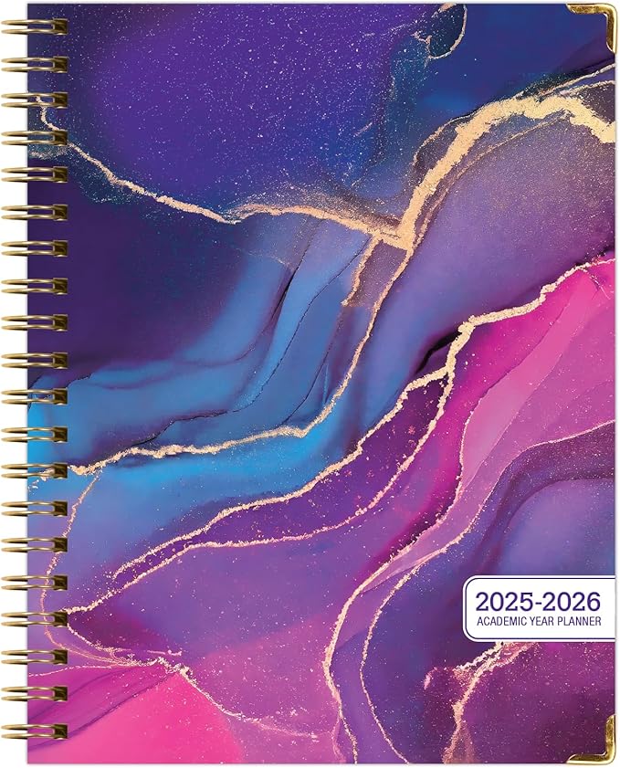 HARDCOVER Academic Year 2025-2026 Planner: (June 2025 Through July 2026) 8.5"x11" Daily Weekly Monthly Planner Yearly Agenda. Bookmark, Pocket Folder and Sticky Note Set (Pink Purple Marble)