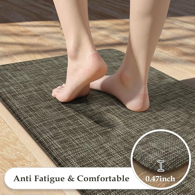 KIMODE Anti Fatigue Kitchen Mat for Floor, Farmhouse Kitchen Rugs Sets of 2, 20"x47"+20"x32" Paded Kitchen Floor Mats, Comfort Textilene Standing Mats for Laundry Office Sink Desk Brown/Green