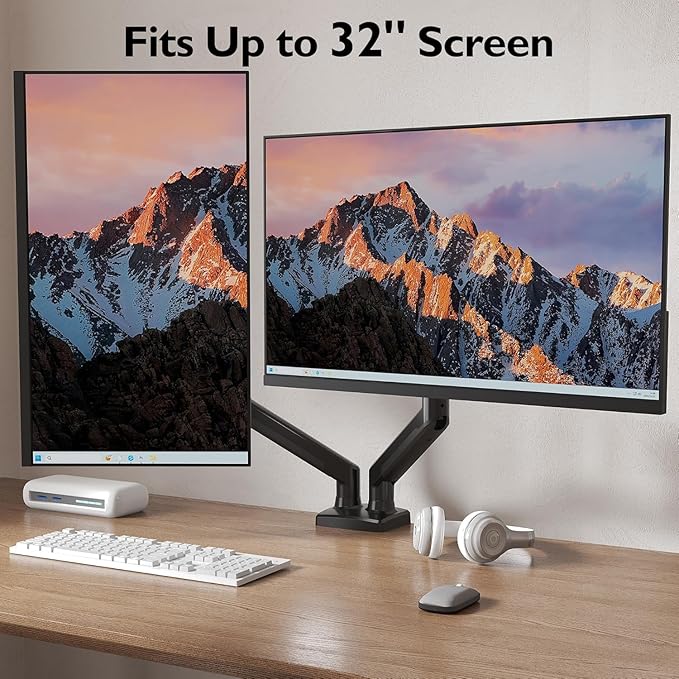 BONTEC Monitor Arm Desk Mount, Gas Spring Monitor Stand, Adjustable Full Motion VESA with C Clamp & Grommet Base, Supports 6.6-19.8lbs LCD/LED Tilt, Swivel, Rotation (Dual Arms, 13-32 Inch)