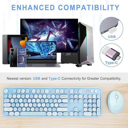 Wireless Keyboard and Mouse Combo, Ergonomic Full Size Typewriter Retro Round Keycaps Keyboard, Compatible with Windows, PC, Perfer for Home and Office Keyboards (Blue