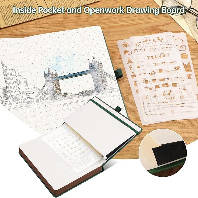 AHGXG Thick Journal Dotted Notebook for Men - 320 Numbered Pages A5 Notebook for Writing, 100gsm Dot Paper, Vintage Leather Hardcover, for Women Work Office School, 5.75'' X 8.38''- Dark Green