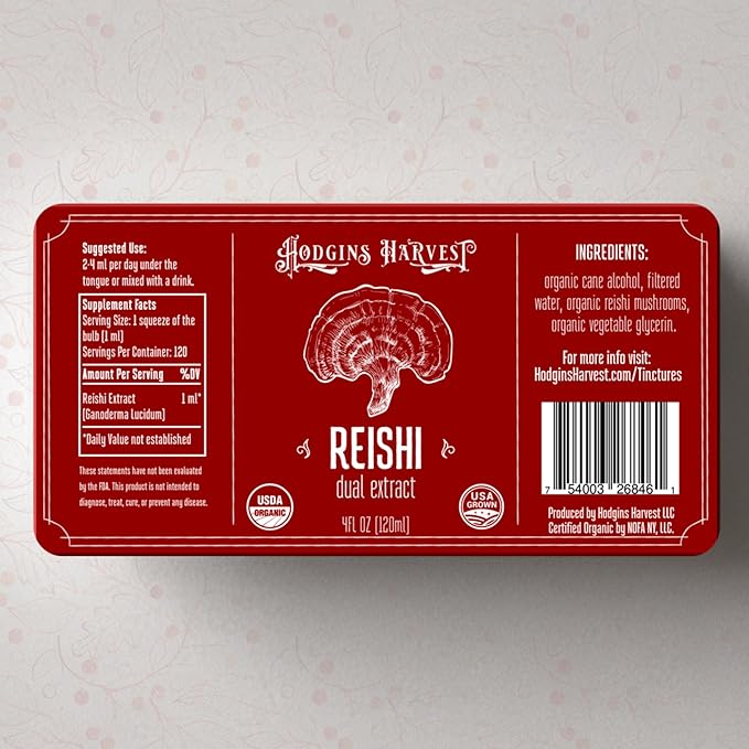 Hodgins Harvest Organic Reishi Mushroom Fruiting Body Extract Tincture - Extra Concentrated Dual Extract Supplement - Supports Heart Health & Wellness - USDA Organic Mushrooms - 4 oz