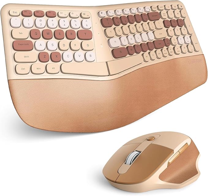 Wireless Ergonomic Keyboard and Mouse Combo with PU Wrist Rest, Carpal Tunnel Keyboard, 2.4G Colorful Split Ergo Keyboard, Comfortable Natural Typing, Compatible with PC/Laptop (Milk Tea)