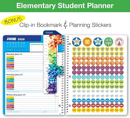 Global Datebooks 2025-2026 Elementary Student Planner 8.5x11 - Dated Weekly & Monthly Academic Planner (Large) with Ruler/Bookmark & Stickers, Ideal for Homework, Block Style, Paint Splatter