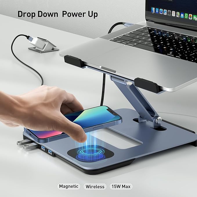 BENFEI Laptop Stand with USB C 6in1 Docking Station, 15W Magnetic Wireless Charger, USB 3.0 KVM Switch, HDMI 4K@60Hz, 4*USB3.0, 100 PD Compatible with MacBook Pro/Air, iPad Pro, XPS, Thinkpad