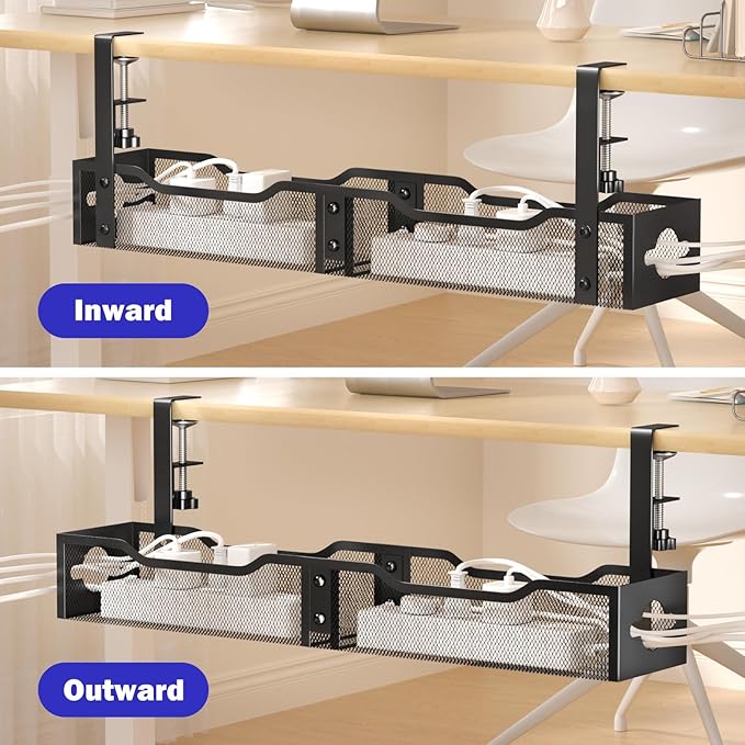 Under Desk Cable Management Tray 25.12", Extra Large Cable Management No Drill, Extended Cord Organizer with Adjustable Clamps, White