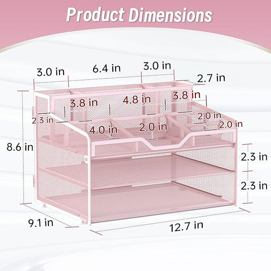 3 Tier Mesh Desk Organizer,Multi Functional Letter Paper Tray with 3 Pen Holders and 5 Adjustable Storage Compartments for Office Supplies Files and Mail Space Saving Desktop Organizer-Pink