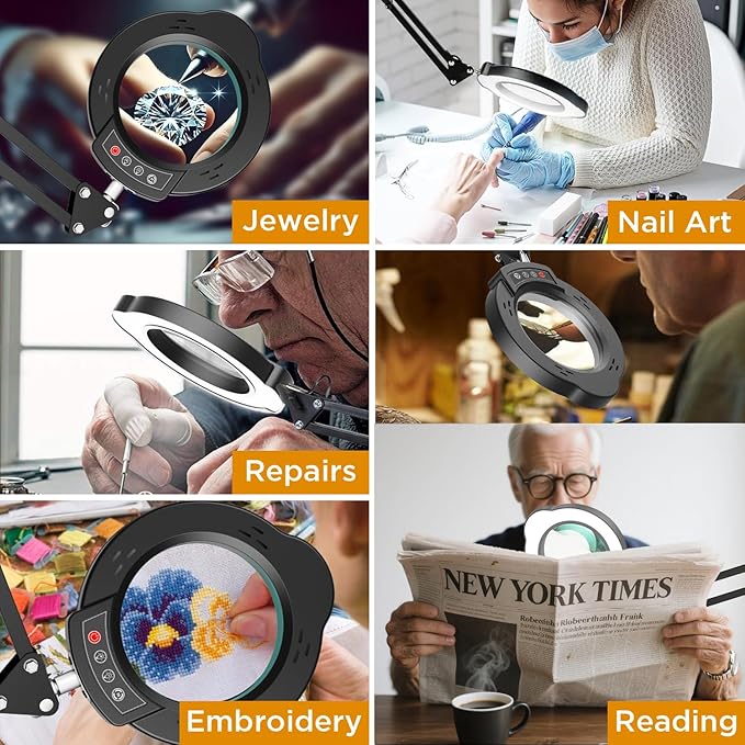 10X Magnifying Glass with Light and Clamp, 5 Color Modes Stepped Dimmable 2-in-1 with LED Desk Lamp, Hands Free Magnifier with Light for Close Works Craft Hobby Painting Reading DIY Repair