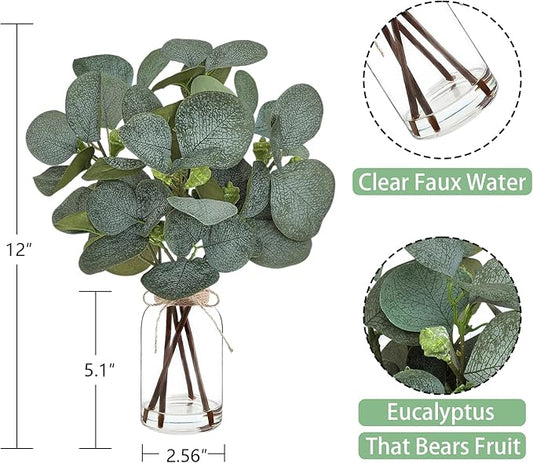 Artificial Eucalyptus Stems in Glass Vase with Faux Water,Artificial Plants Eucalyptus Leaves for Shelf Desk Bathroom Farmhouse Room Coffee Table Home Decor, Central Decoration.