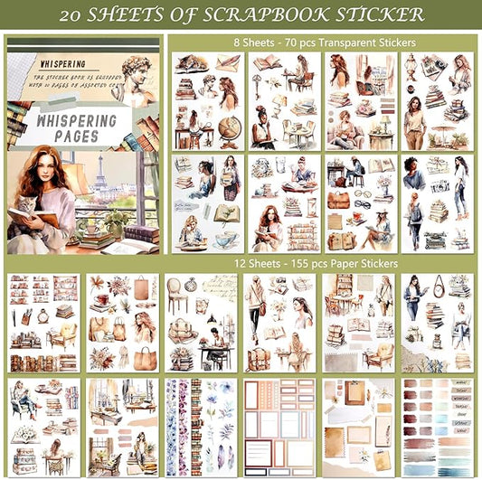 AVECMOI Reading Themed Journaling Stickers for Women, Paper & PET Aesthetic Scrapbook Sticker Book with 225 Images for Junk Journal, Planner and Collage