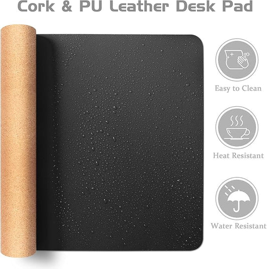 Aothia Dual-Sided Desk Pad - 25.6x13.7 inches Leather Desk Mat, Natural Cork Desk Pad Protector, Large Mouse Pad for Desk, Waterproof Desk Blotter Pad, Desk Writing Pad for Office Work/Home, Black
