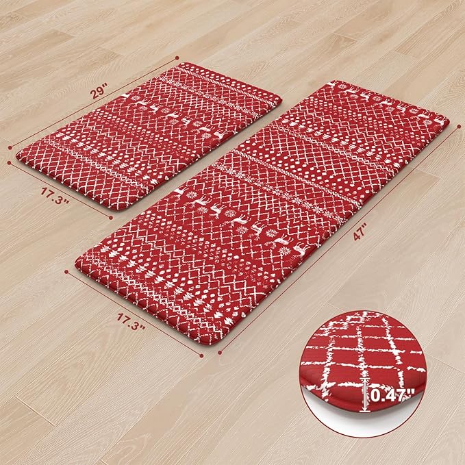 KIMODE Christmas Kitchen Rugs Sets of 2, Anti Fatigue Mats for Kitchen Floor, Farmhouse Red Christmas Kitchen Decor, Cushioned Kitchen Floor Mats Non Slip for Sink Laundry Desk 17"x47"+17"x29"