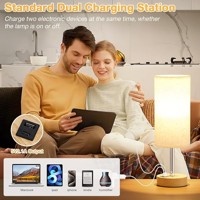 Touch Bedside Lamps Set of 2-3 Way Dimmable Table Lamps for Bedroom, Nightstand Lamp with Wooden Charging Station for Kids Room Dorm, Small Desk Lamp for Living Room, Office, Kids Room, Nursery