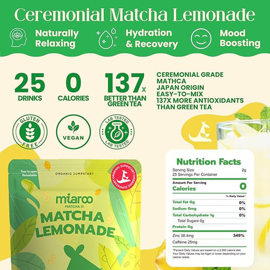 Lemonade Matcha 50g (25 Servings) | Sugar-Free Ceremonial Japanese Green Tea Powder with Crystallized Lemon and Monk Fruit | 20mg caffeine per serving | Detox and Calm Energy | Miaroo