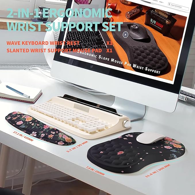 2-in-1 Ergonomic Set, Wave Rise Keyboard Wrist Rest and Massage Bulge Slope Mouse Pad Wrist Support, Cushion Memory Foam Integrated to Relieve Wrist Pain, Flower Dance