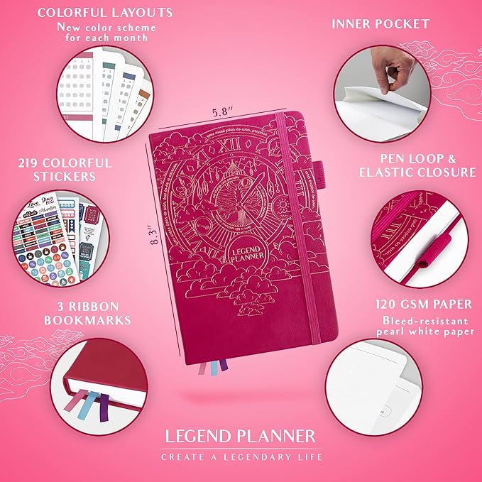 Legend Weekly Colorful Planner 2nd Edition – Undated Life & Work Agenda Journal for Time Management, Goal Setting, Productivity, Tasks & To Do Lists – A5 size, 5.8 ″ x 8.3″, Hardcover – Hot Pink