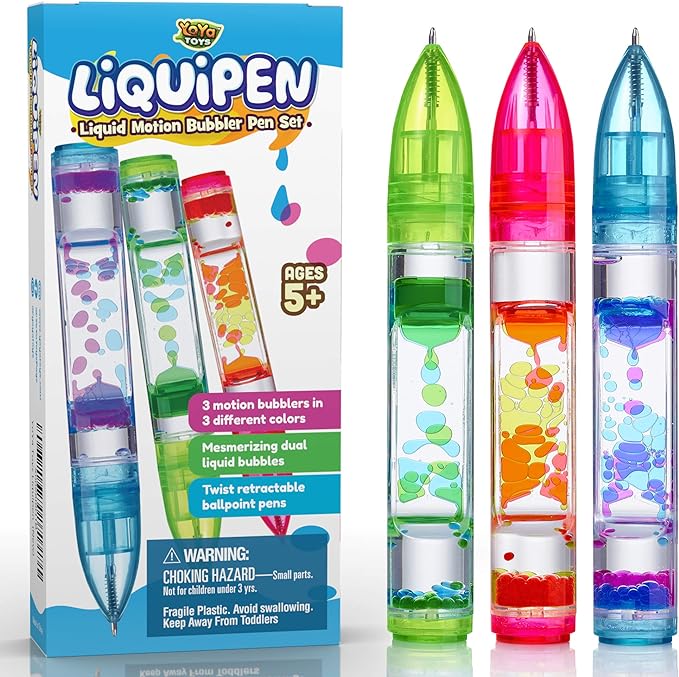 YoYa Toys Liquipen - Liquid Motion Bubbler Pen Toy (3 Pack) - 3 Colors - Colorful Timer Pens for Focus, Stress & Anxiety Relief - Fun Desk Fidget Toy for School & Office - Great Gift for Kids & Adults